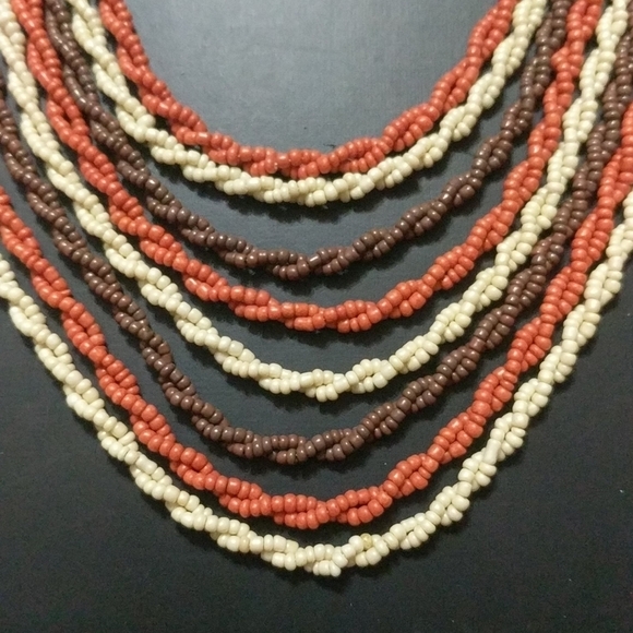 Cream Orange Brown Twisted Seed Bead Layered Multi Strand Statement Necklace - Picture 2 of 3